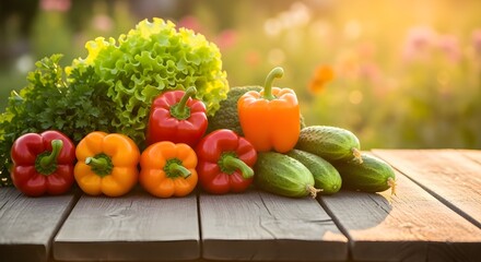 Vibrant assortment of fresh garden vegetables including colorful bell peppers lettuce and cucumbers displayed on a rustic wooden table outdoors bathed in warm sunlight