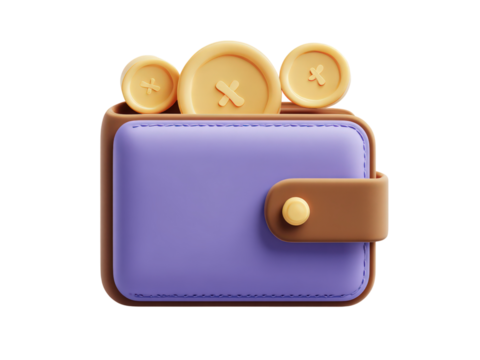 A purple wallet with a brown strap and gold coins inside