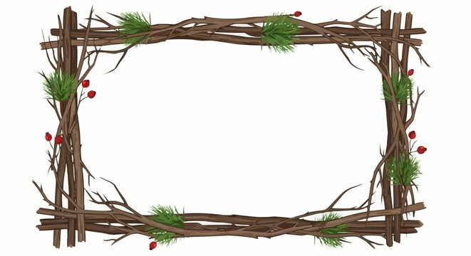 A festive vector winter branch frame with rustic natural wood texture, adorned with green pine needles and red berries, ideal for elegant Christmas holiday designs