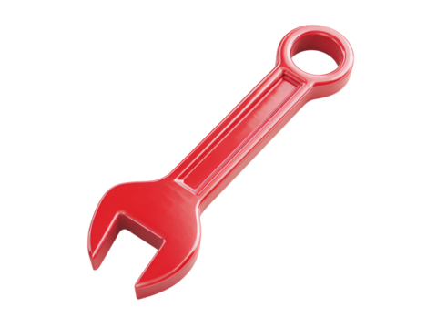 A red wrench is shown in a white background