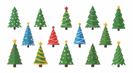 Collection of vector Christmas trees representing winter holidays, festive decorations, and seasonal cheer in a stylized graphic art