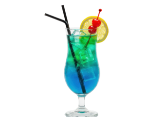 close-up of a photorealistic blue and green layered tropical cocktail, heavily frosted with ice and condensation in a hurricane glass, isolated on white. luxurious summer refreshment concept
