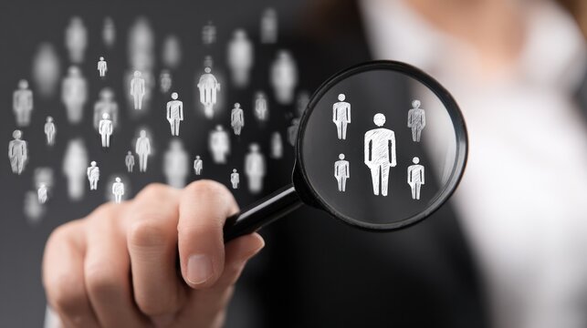 Human resources manager searching for talent, selecting candidates, or identifying target audience with magnifying glass. - Powered by Adobe