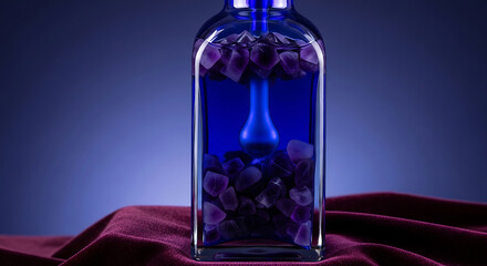 Artistic still life of blue bottle with amethyst crystals and serene studio lighting