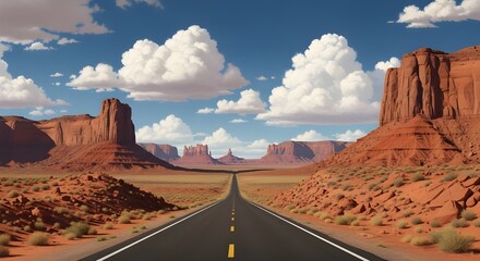 Iconic american southwest desert landscape with a long straight asphalt road leading towards dramatic red rock formations under a vast blue sky with fluffy white clouds