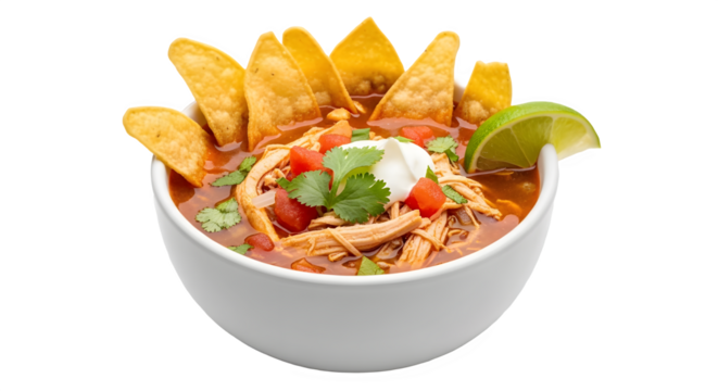 Delicious authentic Mexican chicken tortilla soup bowl with chips and lime isolated PNG with Transparent Background