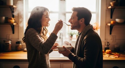 Woman feeding man hot autumn food. Loving couple sharing warm meal in kitchen. Cozy fall season experience for Thanksgiving celebration.