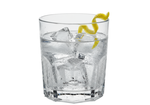 Hyper-realistic close-up of a frosted crystal cut glass filled with clear gin, geometric ice, and lemon zest, isolated on a white backdrop with volumetric light. concept for premium beverage