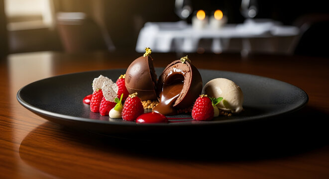 Chocolate Sphere Dessert Delight: A culinary masterpiece unfolds, revealing a delectable chocolate sphere dessert artfully arranged on a dark plate, alongside fresh raspberries and cream.