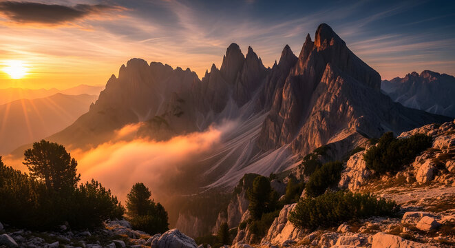 Mountain Sunset Serenity: The sun casts a warm golden hue over majestic mountain peaks, painting the sky with vibrant colors. The serene landscape evokes a sense of wonder and tranquility. 