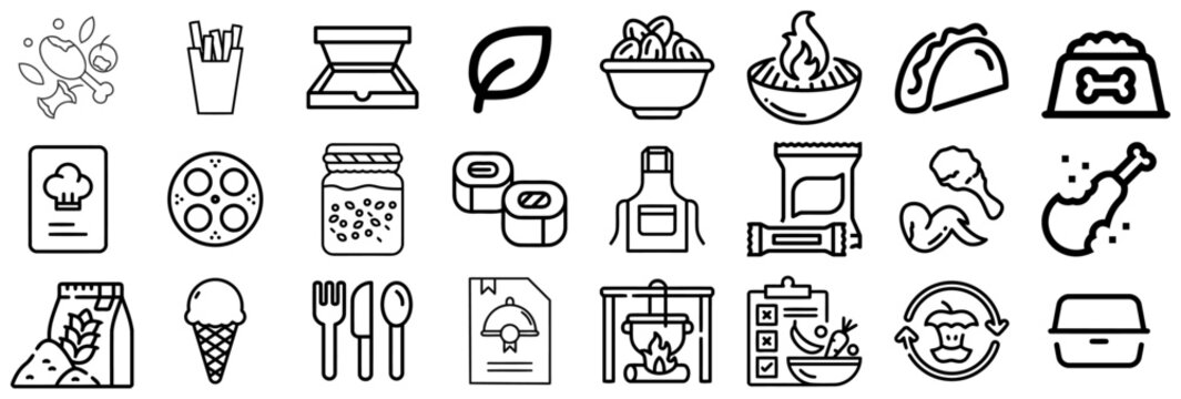 Collection of Food and Drink Related Icons in Outline Style