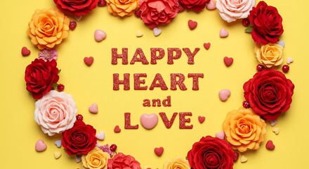 Colorful floral heart arrangement with heartfelt message and candies on a yellow backdrop