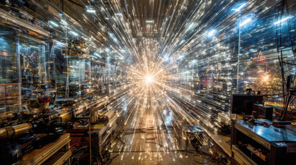 Futuristic Accelerator Chamber: High-Speed Light Trails Emanating from a Central Point in a Complex Laboratory Environment, Symbolizing Particle Science and Innovation