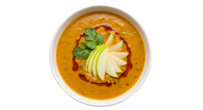 Gourmet bowl of savory lentil dahl curry with green apple slices and chili oil. isolated PNG with Transparent Background