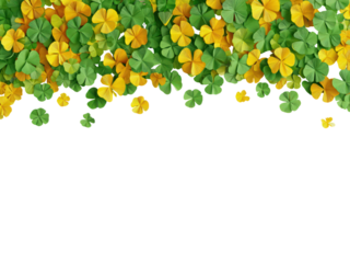 A bunch of green and yellow clovers are scattered across a white background