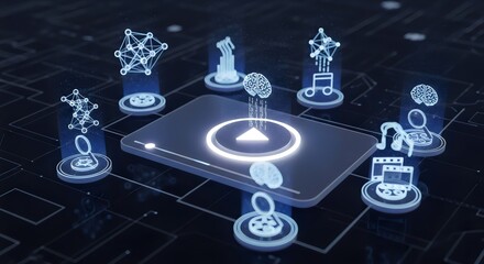 Futuristic digital platform visualizing multimedia content integration and data flow within a sophisticated connected network environment, representing innovative technological solutions