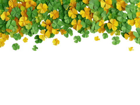 A bunch of green and yellow clovers are scattered across a white background