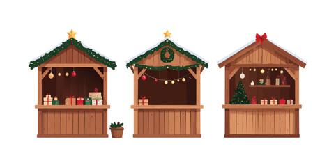 Christmas traditional wooden winter Christmas fair marketplace, market stall kiosk set, Vector 