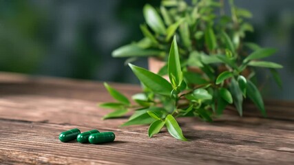 Herbal supplement on wood surface with leafy green plant medicine - Powered by Adobe