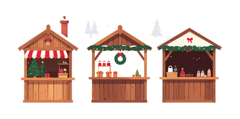 Christmas traditional wooden winter Christmas fair marketplace, market stall kiosk set, Vector 