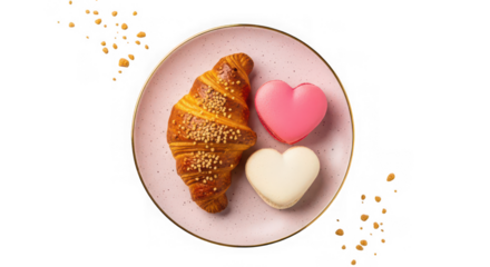 Delicious croissant and heart shaped macarons