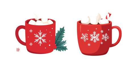 Christmas winter drink cup set with  candy cane and gingerbread star  vector illustration
