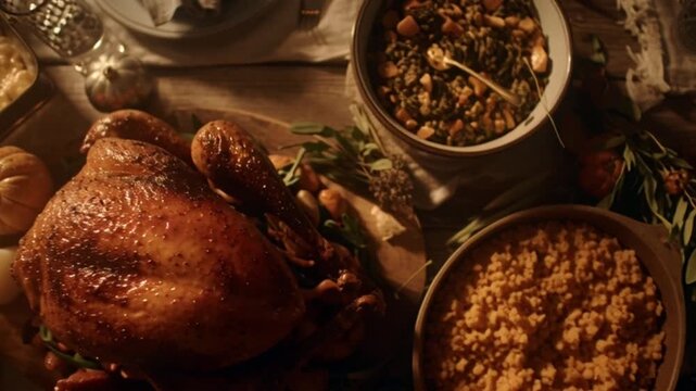 Cinematic Close-Up Camera Walk-Through of a Thanksgiving Feast, Showcasing Rich Textures, Warm Lighting, Festive Dishes, Autumn Colors and an Abundant Holiday Table Filled with Delicious Homemade Food