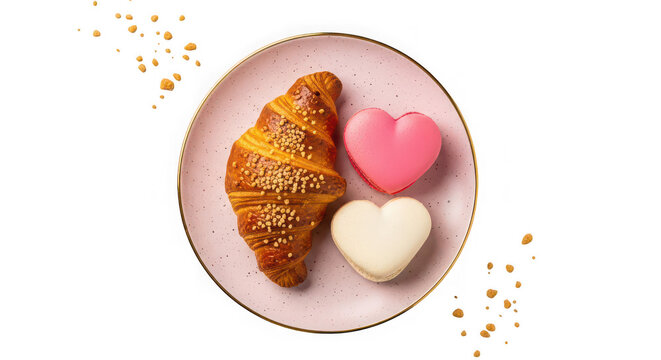 Delicious croissant and heart shaped macarons