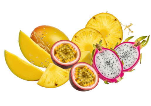 high-speed capture of glossy tropical fruits (mango, pitaya, passion fruit, pineapple) erupting outwards in a dramatic juice splash against a white backdrop. concept for beverage advertising