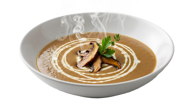 Gourmet mushroom cream soup steaming in a white bowl ready for serving isolated PNG with Transparent Background