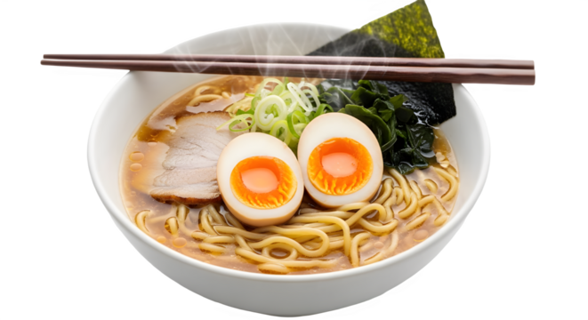 Steaming bowl of hot Japanese ramen noodles with soft boiled egg and pork chashu. isolated PNG with Transparent Background