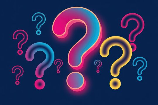 A vibrant collection of glowing neon question mark icons with colorful gradients symbolizing curiosity and inquiry