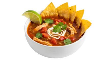 Authentic Mexican chicken tortilla soup served with crispy chips and fresh lime wedge. isolated PNG with Transparent Background