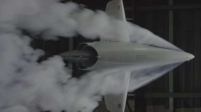 Aerodynamic testing of a white aircraft model with smoke in wind tunnel