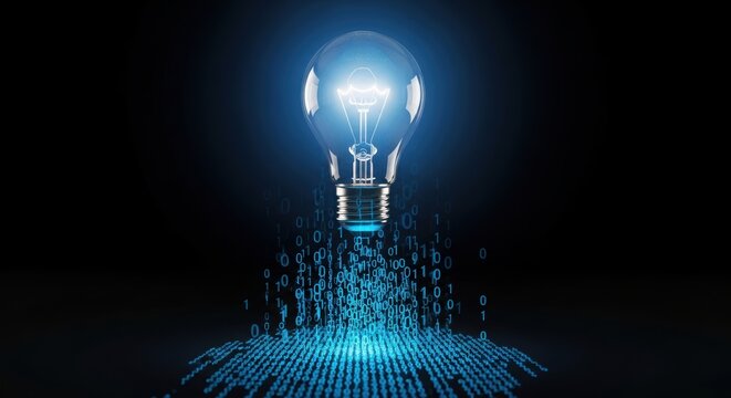 Glowing lightbulb hovers above digital data stream illuminating bright idea concept for technology innovation and modern solution - Powered by Adobe