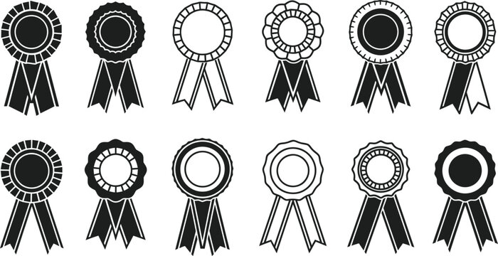 A monochrome illustration featuring twelve different award ribbon designs in a vector style format