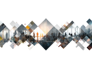 A collage of cityscapes and people with a white background