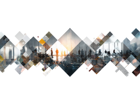 A collage of cityscapes and people with a white background