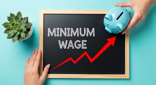 Minimum wage concept with piggy bank, plant and upward arrow on blackboard
