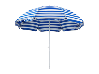 A blue and white striped umbrella is open and sitting on a white background
