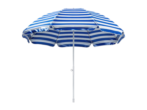 A blue and white striped umbrella is open and sitting on a white background