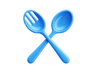 A blue spoon and fork are shown in a close up