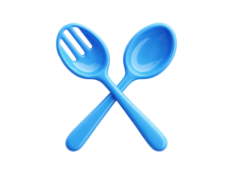 A blue spoon and fork are shown in a close up