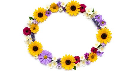 Colorful flower arrangement in an oval shape, white background