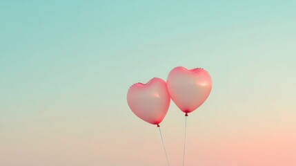 Two pink heartshaped balloons floating gently against a soft gradient sky of teal and peach, symbolizing love and romance