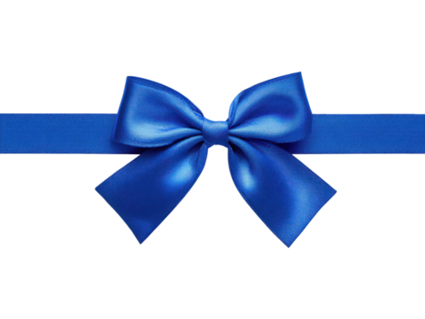 A blue ribbon with a bow is shown on a white background