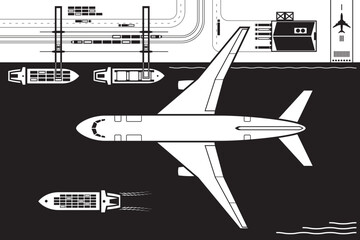 Cargo plane flying over sea freight terminal - vector illustration