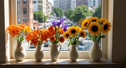 Colorful flower arrangement in white vases on a windowsill with a city street view