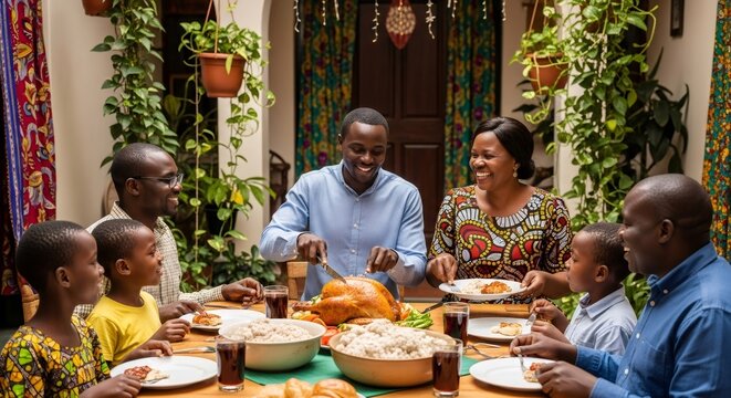 African family gathering for a Thanksgiving feast. Man carving turkey at dinner table with family. Holiday meal sharing tradition.