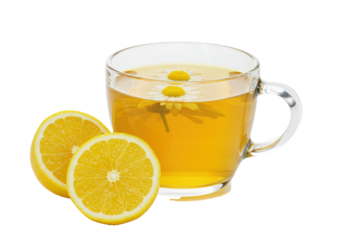 Close-up of a high-clarity borosilicate glass teacup filled with luminous golden chamomile herbal tea and lemon slices, backlighting on transparent. concept for healthy beverage advertising